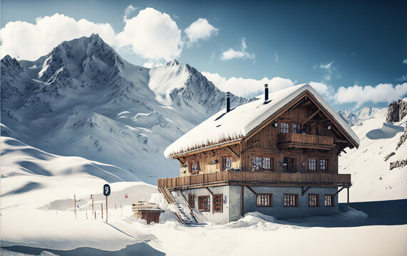A chalet of alpine architecture rises in a snowy mountain panorama, offering breathtaking scenery for original photographs. Generative AI