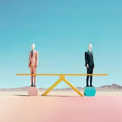 Printed kitchen splashbacks Light Pink A pastel pink desert landscape with a see-saw, a scale with two cups. Balance in everything, two businessmen in elegant suits on two sides. Generative AI.