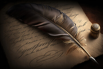 Feather pen and ink well resting on parchment paper with text. 