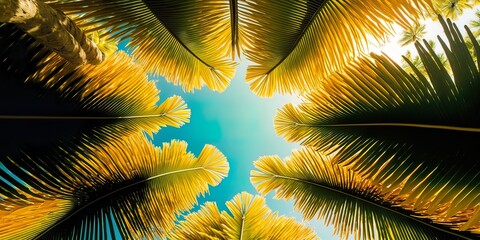 Summer background, palm tree and palm leaves through which the sun rays pass. Tropical, exotic background. Generative AI.