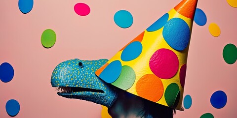 Dinosaur party concept, small cute dinosaur with birthday cap having fun, confetti and balloons on pastel background. Party animal. Generative AI.