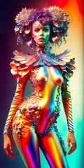 Neon cyber portrait of a cyborg robot girl, electric flashing colors. Metallic iridescent costume. Futuristic modern woman, fashion concept. Generative AI.