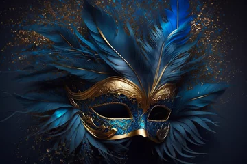 Deurstickers Elegant and delicate blue Venetian mask over dark background. Generative AI © AIproduction
