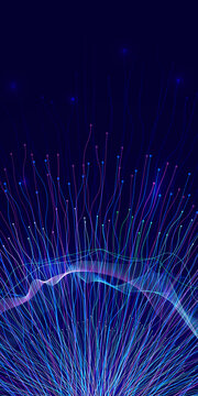 Abstract image of neural connections on blue background. Technological background for a design on the theme of artificial intelligence, big date, neural connections. Mobile phone wallpaper. Copy space