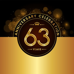 63th Anniversary Celebration. logo design with golden numbers and text for birthday celebration event, invitation, wedding, greeting card, banner, poster, flyer, brochure. Logo Vector Template
