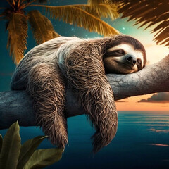 happy and tired sloth sleeps on a palm tree in summer - obrazy, fototapety, plakaty