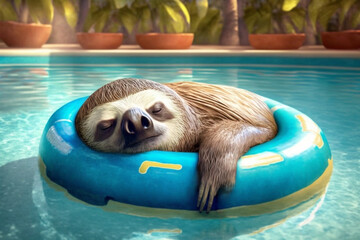 exhausted and tired sloth sleeps in a swimming ring in the swimming pool - obrazy, fototapety, plakaty