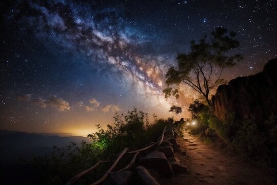 Seeing beautiful Milky way at Doi Samer Dao, Nan, Thailand. ็Horizontal orientation. Generative AI