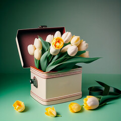 Closeup bouquet of tulips on pastel green background, Ai generated