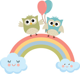 Cute little owls on a rainbow with balloons. Isolated on white background. Vector.