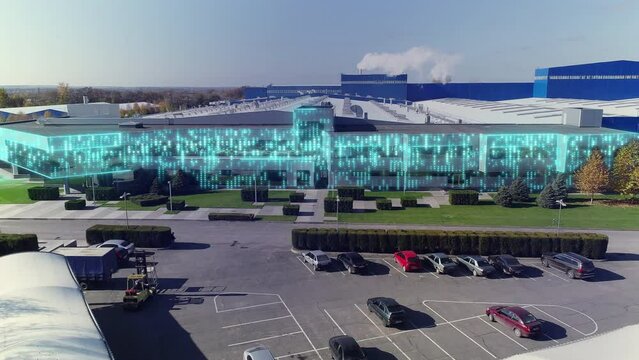 Visualization of a modern plant. The concept of a modern factory. Modern factory from the air. echnological factory aerial view.