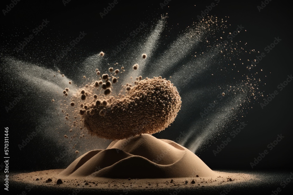 Poster throwing freeze frame stop motion object design with sand flying explosion on a dark background. gen