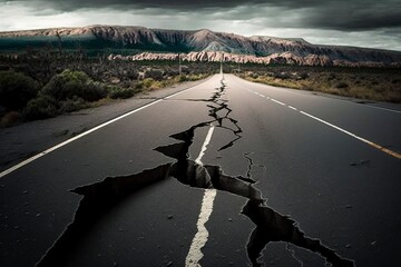 Road conditions after the earthquake. Cracked asphalt after earthquake. Pray for Turkey. Attention cracks in the road. Generative AI