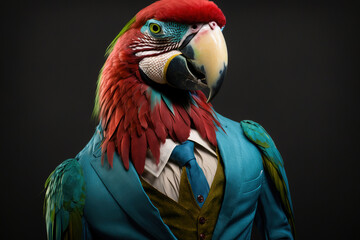 Obraz premium Portrait of a colourful greenwinged Macaw parrot in a business suit, at the office, generative ai. AI illustration