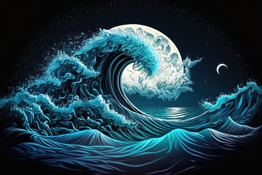 Ocean and a full moon in fantasy. Image of a sea wave under a starry night. Generative AI