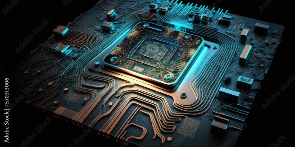 Poster cyborg ai. the circuit board. technical knowledge cpu and gpu concepts for central computer processo