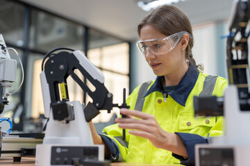 Female engineer training programmable and design AI robot arm simulation in academy robotics...