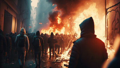 riots and violence with fire and protesters. generative ai