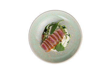 Fried tuna rice and basil. in a plate. Transparent.