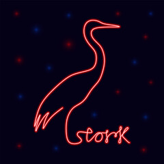 Stork in neon light. Modern glowing banner design, colorful modern design trends. Glowing red one line Stork on black background. Animal vector illustration 
