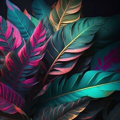 Wallpaper with colorfull tropical leaves, inside the jungle, generative ai