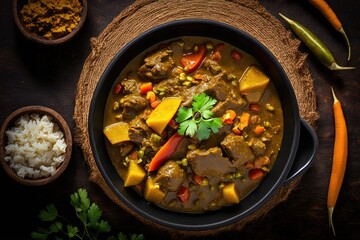 overhead view of traditional Jamaican Curry Goat – slow cooked Jamaican Spiced meat and vegetables spicy Curry in a black bowl on a rustic wooden table, view from above, flat lay, copy space, close - obrazy, fototapety, plakaty