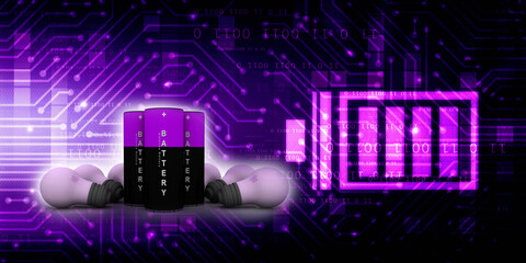 3d rendering Electrical energy and power supply source concept, accumulator battery with cfl bulb