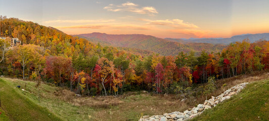 A view of the Blue Ridge Parkway in Boone, NC during the autumn fall color changing season sunset.