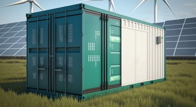 modern battery energy storage system and background of wind turbines and solar panel power plants.
