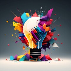 Representation of an idea, eureka moment with generative ai, light bulb with splash of color and pencils on dark background