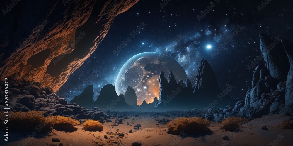 Poster a stunning image of the rocky surface of an alien planet against a background of a large planet and 