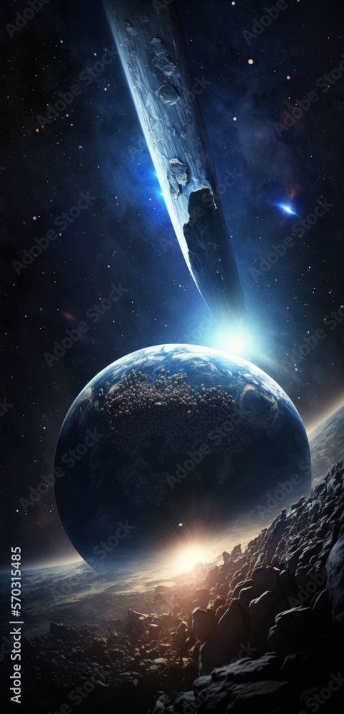 Poster the earth is being approached by comets, asteroids, and meteorites in the starry night sky. the secu