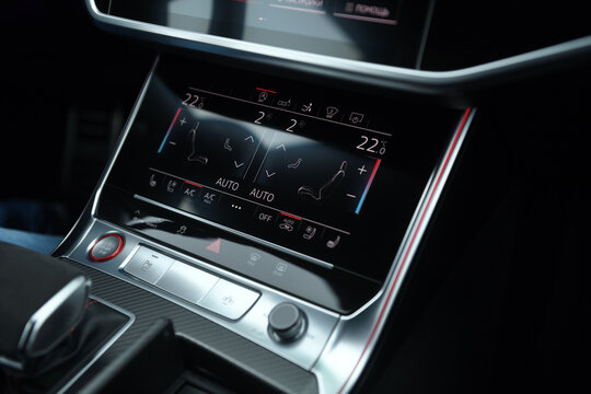 Belarus, Minsk - 24.01.2023:Premium car Audi RS 7 Sportback dashboard. Digital seat temperature control. Car air conditioner button. Automatic climate control system. 