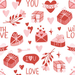 Valentine s day. love concept cute vector illustration seamless pattern with hearts, love, flowers, envelope, arrows, cup of coffee and cupcakes.