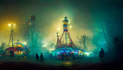 A fairground is captured in the mist of the night, revealing mysterious silhouettes and enigmatic lights. Ideal to pique the curiosity of the spectators. Generative AI - obrazy, fototapety, plakaty