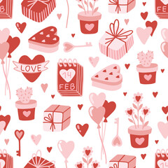 Vector Valentines Day seamless pattern with hand drawn love symbols.