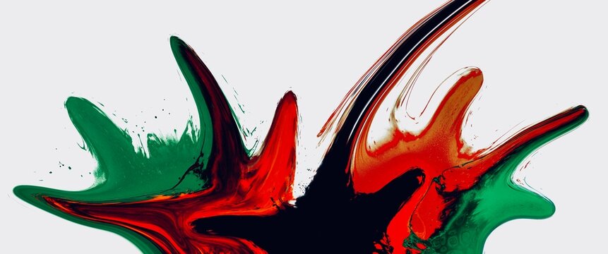 Color paint splash background with bright red, green and black color accent, luxury abstract art, hand drawn drawn wallpaper, liquid design with shiny colours, white free copy space	
