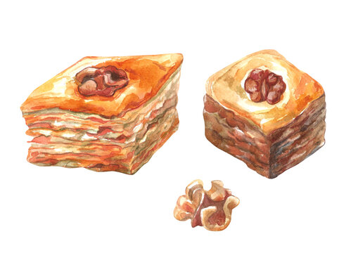 Baklava painted in watercolor . Illustration of sweet pastries on a white background