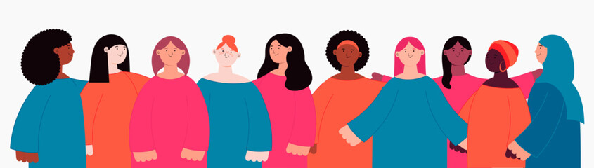 Obraz premium Diverse beautiful modern women, girls group, hugging. Flat style vector illustration. Female cartoon characters. Design element for 8 March, Womens Day card, banner, poster. Feminism, equality concept