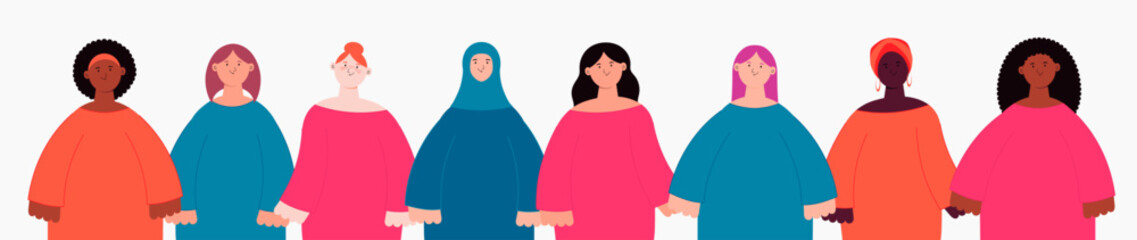 Diverse beautiful modern women, girls group, holding hands. Flat style vector illustration. Female cartoon characters. Design element for 8 March, Womens Day card, banner. Feminism, equality concept