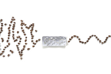 Chaotic curve of coffee beans changes to a gentle wave after passing a pill pack of sedatives or...