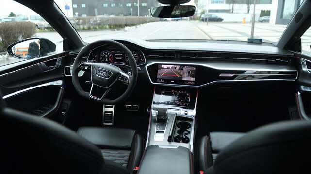 Belarus, Minsk - 24.01.2023: Interior of a premium car Audi RS 7 Sportback steering wheel and dashboard. Audi RS7 Sportback.