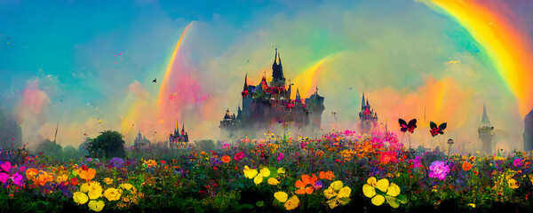 Beautiful garden panorama, with butterflies, rainbows and a princess castle in the distance. A colorful and dynamic palette for a variety of uses. Generative AI
