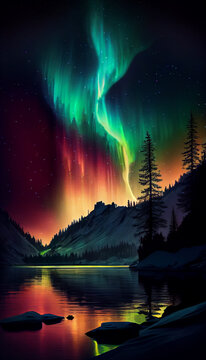 Polarlicht Aurora borealis mit See und Gebirge im 9:16 Format. Generative Ai.