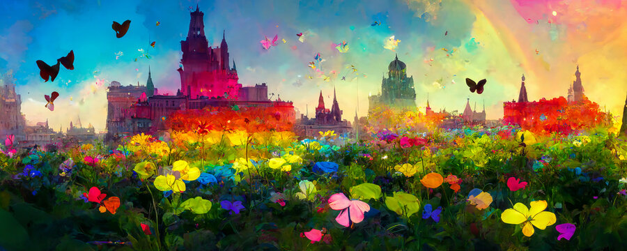 A perfect panorama of a colorful flower garden with butterflies, rainbows and a princess castle. The perfect atmosphere to illustrate a fairy tale. Generative AI