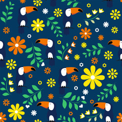 Fototapeta na wymiar Seamless summer pattern with jungle bird, flower, leaves. Tropical toucan texture.