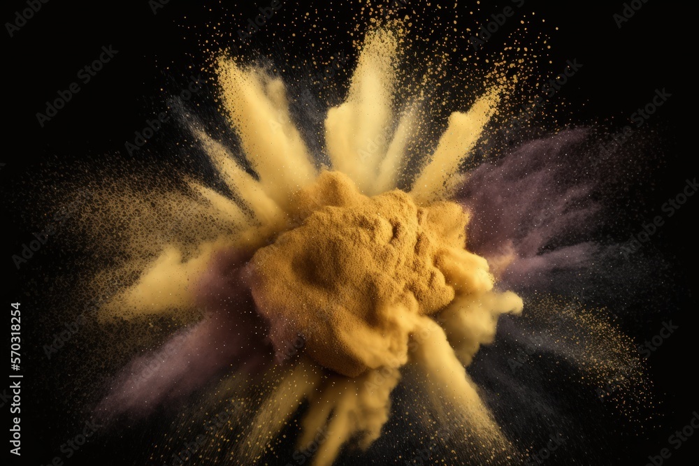 Poster yellow powder explosion isolated on a dark background. background with abstract colors. generative a