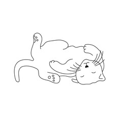 Vector isolated cute cartoon lying cat on back in funny pose colorless black and white contour line easy drawing