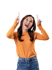 A studio portrait of a beautiful young Asian Indonesian woman wearing an orange long-sleeve shirt...