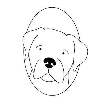 Vector isolated cute cartoon dog portrait rottweiler  in oval frame colorless black and white contour line easy drawing